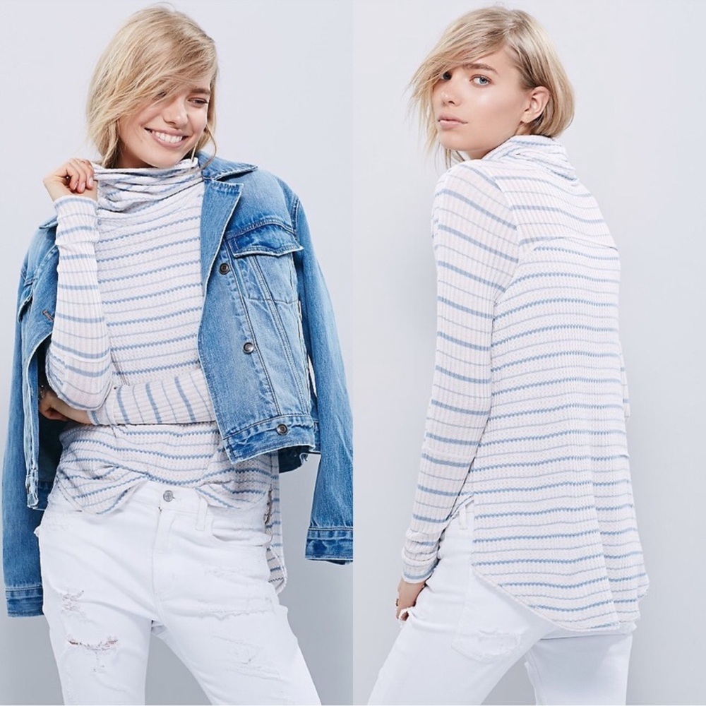 NEW Free People Drippy Kristina Thermal Cowl Neck Top Blue Stripped Boho